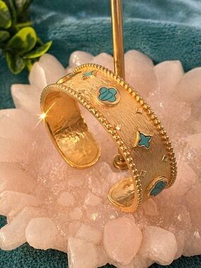 Gold matted Tone Cuff Bracelet -Turquoise Accents Ima beach Designer collection